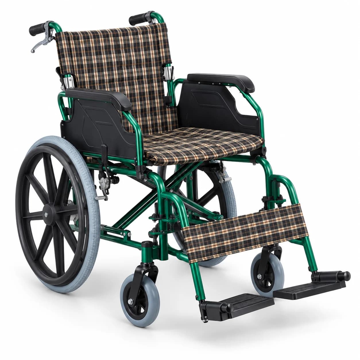 Fauteuil roulant vert à assise textile